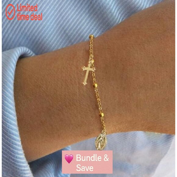 9pc Virgin Mary Cross Bracelet Set Adjustable 18K Gold Plated Religious Jewelry - Picture 7 of 8